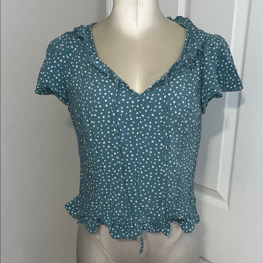 Elegant teal with white Polka Dot Blouse with ruffles